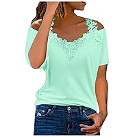 Plus Size Women Lace Floral Strap Off Shoulder T-Shirts Summer Short Sleeve Trendy Casual Loose Fit Solid Color Tops