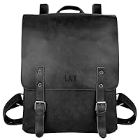 LXY Vegan Leather Backpack Vintage Laptop Bookbag for Women Men, Black Faux Leather Backpack Purse Bookbag Weekend Travel Daypack