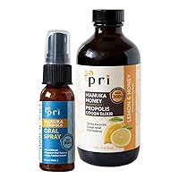 PRI's Sore Throat Bundle: PRI Propolis Throat Spray (1oz) and PRI Manuka Honey & Propolis Cough Syrup (Lemon Flavor, 8oz)