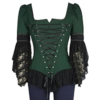 (SM, LG, XXL,18, 20 or 26) Augustine - Dark Green Ribbed Corset Gothic Steampunk Lace Sleeve Top