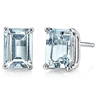 Peora Solid 14K White Gold Blue Aquamarine Earrings for Women, Genuine Gemstone Birthstone Solitaire Studs, 7x5mm Emerald Cut, 1.75 Carats total, Friction Back