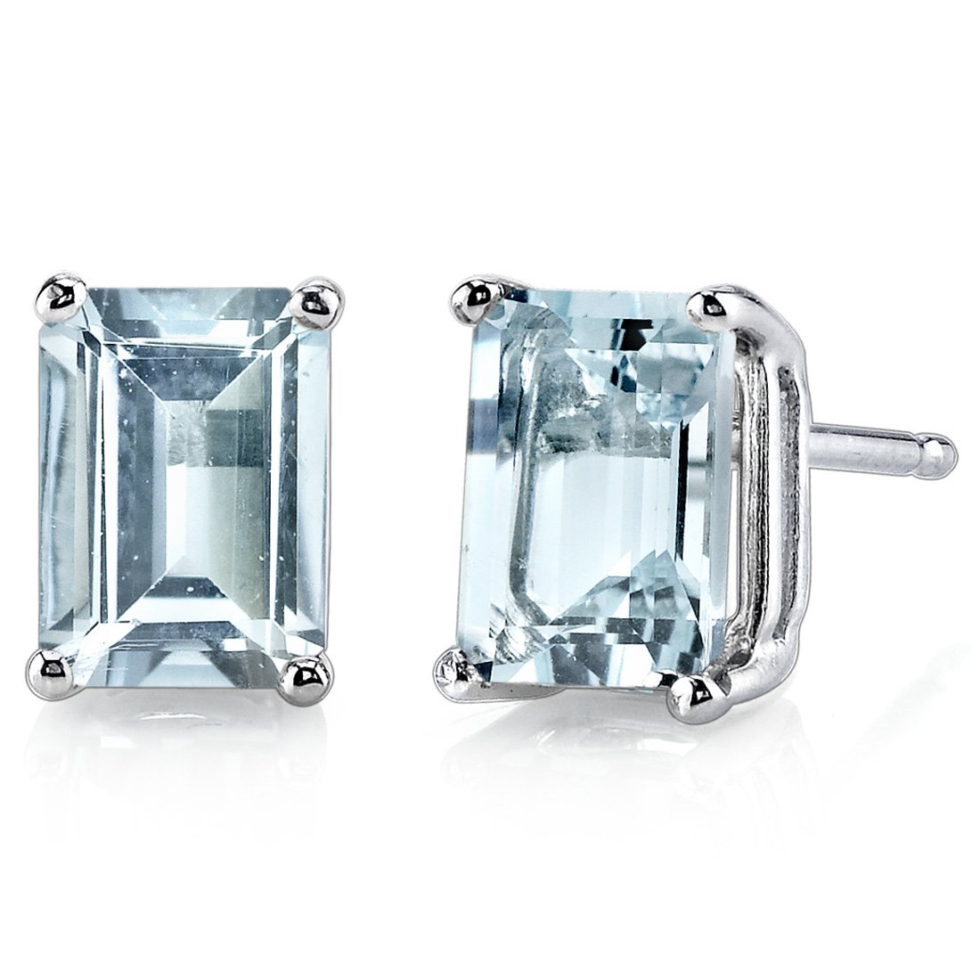 Peora Aquamarine Earrings for Women in 14 Karat White Gold, Classic Solitaire Studs, 7x5mm Radiant Cut, 1.75 Carats total, Friction Back