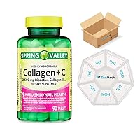 Highly Absorbable Collagen + C Tablets Dietary Supplement, 2,500 mg, 90 Count by Spring Valley + Weekly Pill Box
