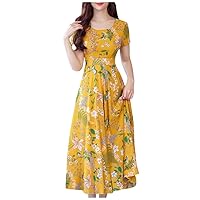 2024 Casual Summer Flowy Maxi Spring Dresses for Women Floral Printed Short Sleeve Round Neck High Waisted Long Dress