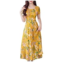 Summer Dress with Pockets and Short Sleeves,Dress Short Printing Women Summer Beach Mid-Calf Sleeve Women's Dre