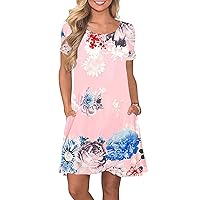 GRASWE Womens Floral Patterned Loose Fit Dress Round Neck Short Sleeve Beach Dress