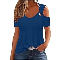 Todays Deals Summer Tops for Women 2024 Trendy Sexy Solid Cold Shoulder V Neck Blouse Tees Dressy Casual Short Sleeve Tunic Shirts Lightweight Going Out Workout Comfy Cotton Tshirts