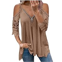 Womens Cold Shoulder Crochet Shirts Half Sleeve V Neck Dressy Blouse Sexy Casual Zipper Tunic Tops Cozy Blouses
