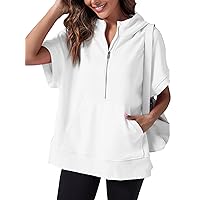 Fisoew Womens Oversized Half Zip Hoodies Short Sleeve Casual Sweatshirts Pullover Tops with Pockets
