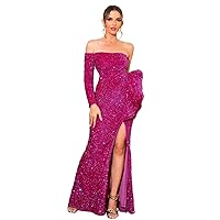 Women's Dress Dresses for Women One Shoulder Exaggerated Ruffle Trim Split Thigh Sequin Party Dress (Color : Red Violet, Size : Medium)