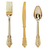 WDF 300 Pieces Gold Plastic Silverware Disposable - Heavy Duty Plastic Cutlery - Gold Silverware Sets Includes 100 Forks, 100 Spoons, 100 Knives