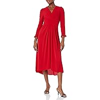 Maggy London Women's V-Neck Hi-Lo Midi Dress with Gathered Waist and Ruffle Details, Long SLV-Equestrian Red