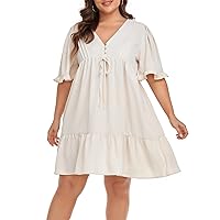 Women's Summer Plus Size V Neck Button Down Front Ruffle Sleeve Pleated Dress