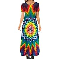 Mandala Tie Dye Women's Summer Casual Short Sleeve Maxi Dress Crew Neck Printed Long Dresses