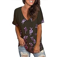 Summer Womens Tops Dressy Casual V Neck Floral Print T Shirts Trendy Loose Fit Cute Short Sleeve Tunic Blouses