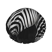 Black & White Zebra Print Shower Cap For Women Double Layer Waterproof Bath Cap Elastic Reusable Shower Hat Hair Protection Bath Hat For Spa Salon Bathing Ladies