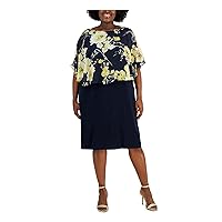 Connected Apparel Womens Navy Sheer Cape Overlay Sleeves Pullover Floral Round Neck Knee Length A-Line Dress Plus 24W