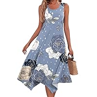 Casual Long Dresses for Women Summer Dresses for Women 2024 Vintage Floral Print Casual Fashion with Sleeveless Round Neck Flowy Swing Dress Blue X-Large