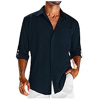 Button Down Long Sleeve Linen Shirts for Men Summer Casual Cotton Spread Collar Beach Shirts Blouse