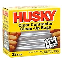 Husky Heavy Duty Clean-Up Trash Bag, Polyethylene Resin, 42 gal, 45-1/8 in L x 32-3/4 in W x 3 mil T, Clear
