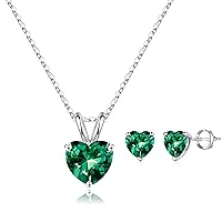 SMILIST S925 Sterling Silver Created Emerald Heart Birthstone Pendant Earrings Set for Women Girls, Valentines Christmas Thanksgiving Birthday Jewelry Gifts