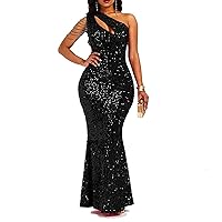 Cololura Women Sequin Elegant Sexy One Shoulder Tassel Mermaid Bodycon Cocktail Evening Dress