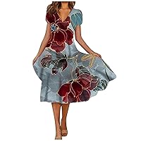 Plus Size Womens Bohemian Floral V Neck Empire Waist Dresses Summer Short Sleeve Casual Elegant Midi A-Line Dress