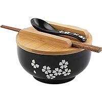 Japanese Ramen Bowl, Vintage Noodle Bowl with Lid and Spoon Black, Ceramic Ramen Bowl Hand Drawn Rice Bowl, Retro Tableware Noodle Bowl