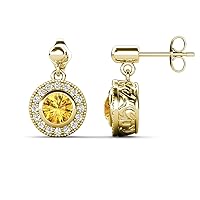 Round Citrine & Natural Diamond 1.56 ctw Halo Drop and Dangle Earrings 14K Gold