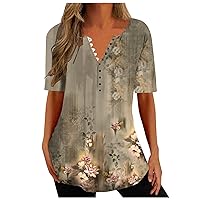 Summer Tops for Women Ethnic Floral Printed Classy Oversized T Shirts V Neck Short Sleeve Blouses & Button-Down Shirts