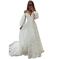LIPOSA Women's Off The Shoulder Wedding Dress 3D Leaf Lace Sweetheart Puff Sleeves A Line Garden Bridal Gowns for Brides
