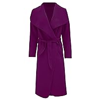 Womens Italian Long Duster Jacket Ladies French Belted Trench Waterfall Coat#(Purple Italian Long Duster Waterfall Jacket #US 10-12#Womens)