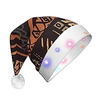 African Mud Cloth Tribal Print Santa Hat Led Light Up Christmas Hat Plush Xmas Hat For New Year Party