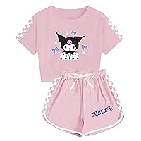 Kuromi Crop Top T Shirt and Shorts Set Petite Women's 2 Piece Short Sleeve Outfits Girls Summer Active Tracksuit