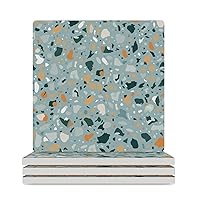 Terrazzo Texture Ceramic Coaster with Cork Backing Absorbent Drink Coaster Housewarming Gifts for New Home Square 3.7 Inches 4PCS, White