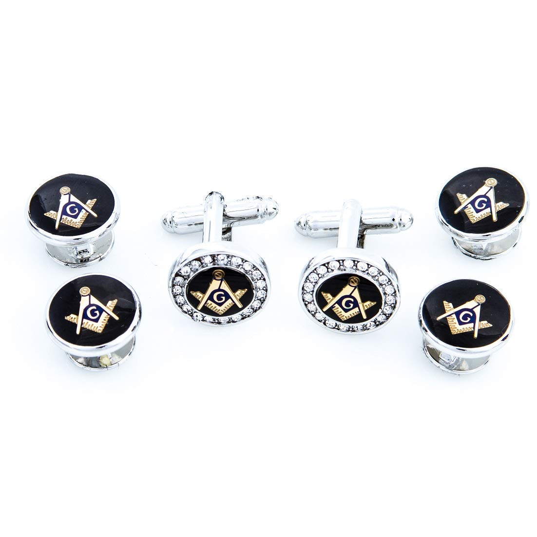 MRCUFF Freemason Masonic Mason Crystal Silver Tone Cufflinks and Studs Tuxedo Set in a Presentation Gift Box & Polishing Cloth