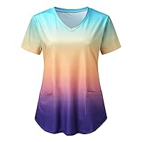 Short Sleeve Tops for Women Summer Fall V Neck Gradient Colorblock Work Scrub Top T Shirt Blouse Women 2024