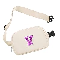 Small Waist Fanny Pack Belt Bag with Initial Monogrammed Letter Patch A-Z and Adjustable Strap for Women Girls Running Traveling, Mini Crossbody Travel Purse Preppy Pouch Ivory (V)