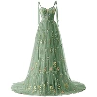 Wchecalino Flower Embroidery Tulle Prom Dresses for Women 2024 Long Spaghetti Straps Formal Floral Evening Party Gowns