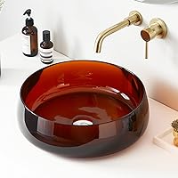 Bathroom Sink Translucent Stone Resin 17.7'' Round Bathroom Vessel Sink, Above Counter Vessel Sink Basin with Pop-up Drain (Brown)