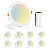 8 Pack Smart LED Recessed Lighting 6 Inch Work with Alexa with Junction Box, Warm White to White 2700K-6000K Selectable,16W Eqv 150W, Canless Wafer Downlight, 1350LM Brightness -ETL&FCC