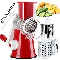 Rotary Cheese Grater with Handle Vegetable Shredder Round Kitchen Slicer Mandoline Grater for Vegetable, Nuts, Chocolate, Cheese, White, 3 Stainless Steel Blades