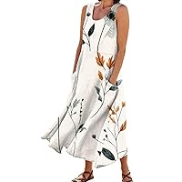 Womens Summer Dresses,Womens Casual Floral Print Crewneck Sleeveless Maxi Dress Flowy Long Beach Dress with Pockets