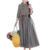 Long Sleeve Plaid Chinese Style Autumn Dress Lady Work Women Spring Casual