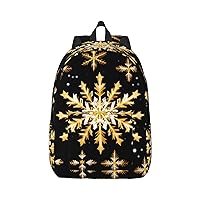 Golden Christmas Snowflake Print Canvas Laptop Backpack Outdoor Casual Travel Bag Daypack Book Bag For Men Women
