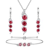 Ruby Red Earrings Necklace Bracelet Jewelry Set 925 Sterling Silver 5mm Round Cut Created Ruby July Birthstone Jewelry Set for Anniversary Women Gifts