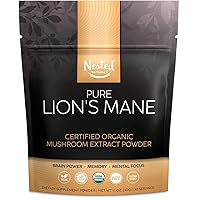 Nested Naturals Pure Lions Mane, 100% Lions Mane Mushroom Extract Powder Supplement, USDA Organic, Support Brain Power, Focus, Memory, Mood, Vegan, Gluten Free (30 Servings)
