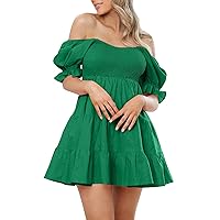 Women's 2024 Summer Puff Sleeve Ruffle Short Dress Off The Shoulder A Line Short Babydoll Dresses Sexy Casual Mini Dress