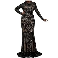 Womens Maxi Sequin Evening Dresses Plus Size Sparkly Long Sleeve Mermaid Dress Elegant High Neck Prom Cocktail Gowns