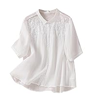 Women's Cotton Linen Tunic Tops Embroidery Button Down Blouse
